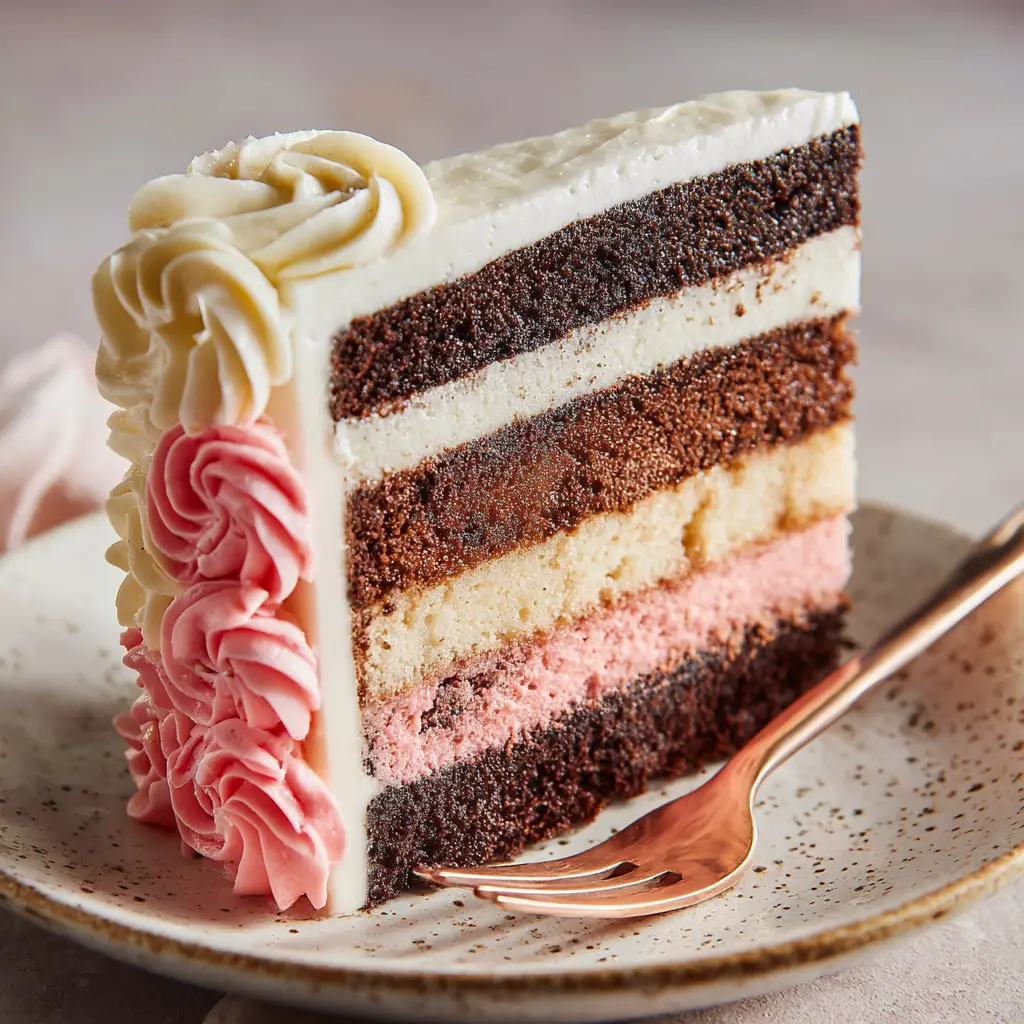 A tall slice of Neapolitan cake on a cream plate with a rose gold fork.