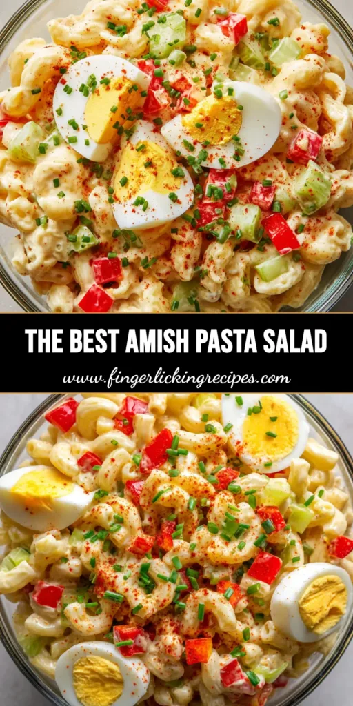 A Pinterest pin showing a close-up of Amish Pasta Salad in a glass bowl with vibrant red peppers and yellow dressing.