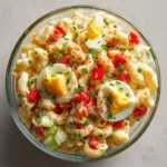 A high-angle close-up shot of a clear glass bowl filled with Amish pasta salad featuring glossy yellow dressing and red peppers.