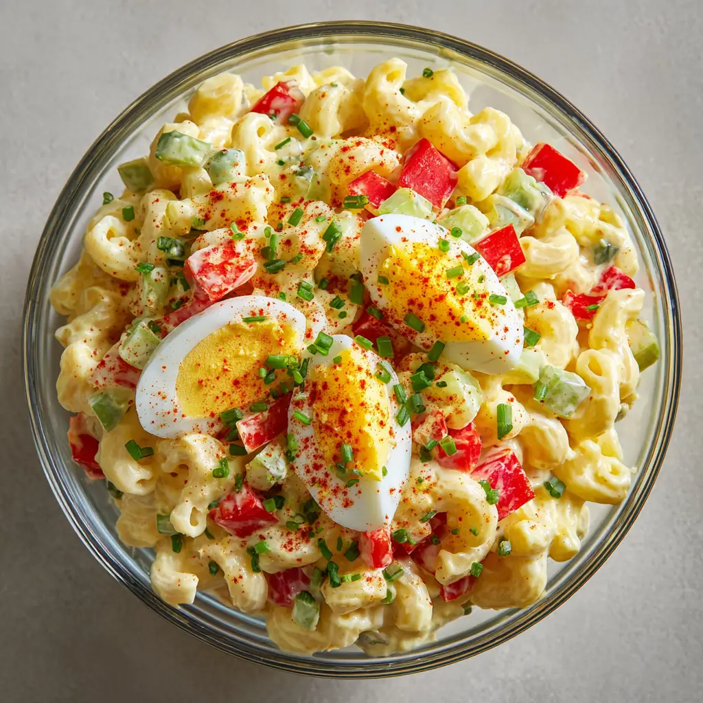 Close up of Amish pasta salad with diced hard-boiled eggs and a light dusting of red paprika garnish.