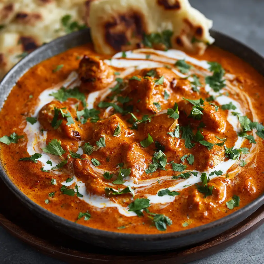Dark ceramic bowl filled with Indian chicken curry, topped with a distinct coconut cream swirl and green cilantro.