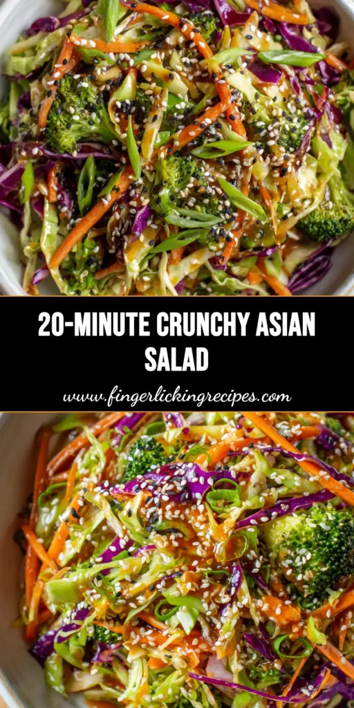 A top-down view of a vibrant Asian Cabbage Salad in a white bowl, showing shredded purple and green cabbage, julienned carrots, and a heavy garnish of sesame seeds and scallions.