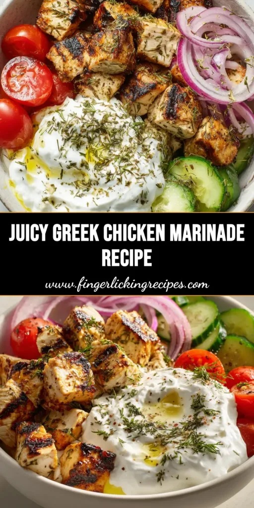 A vibrant Greek Chicken Bowl with charred chicken cubes, fresh cucumbers, halved tomatoes, and a thick yogurt sauce dollop. (Greek Chicken Marinade)