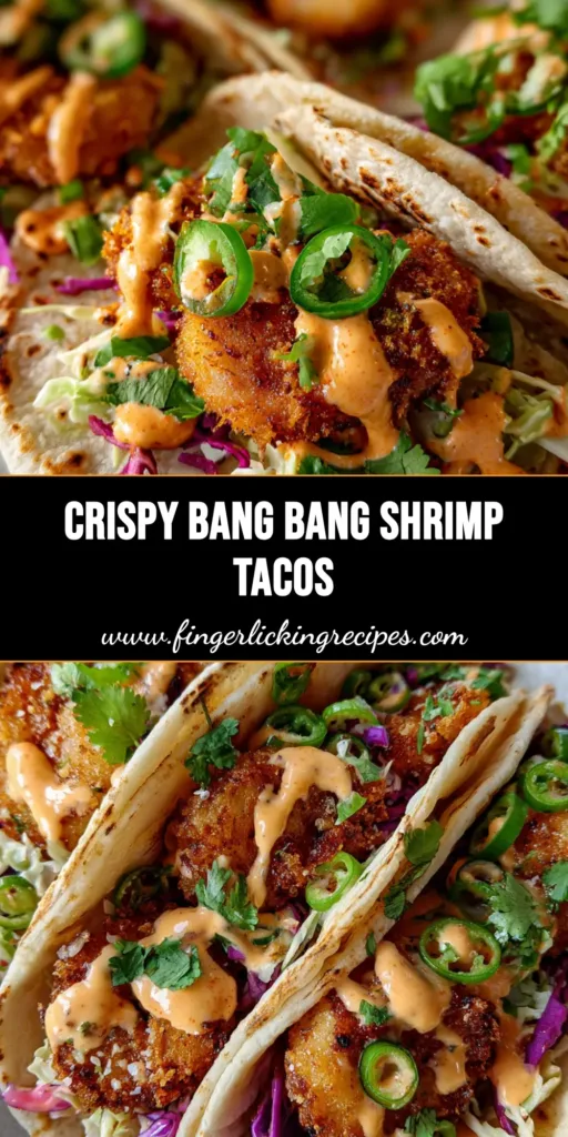 Three flour tortillas filled with crispy panko-breaded shrimp, light-orange chili sauce, shredded green and purple cabbage, and cilantro. (Bang Bang Shrimp Tacos)