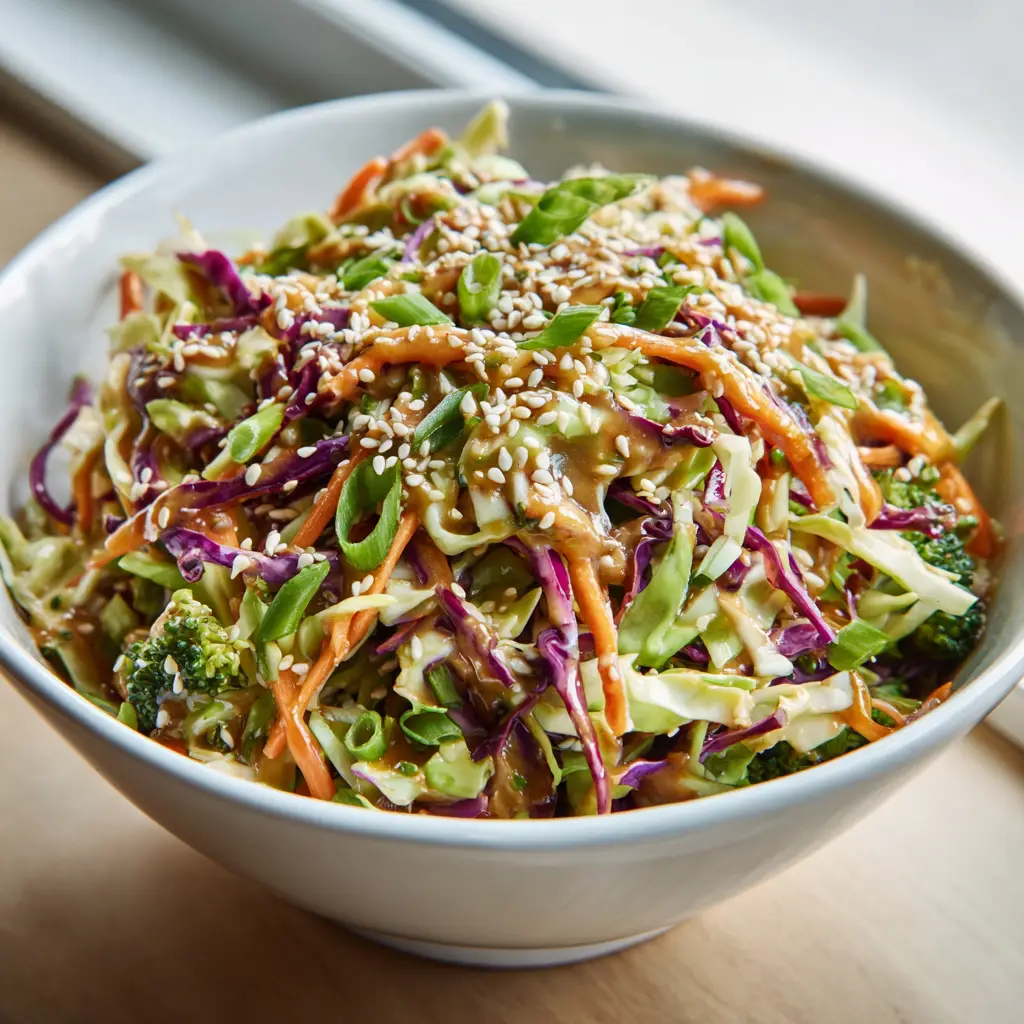 Close-up of Asian Cabbage Salad on a wooden table, highlighting the contrast of black and white sesame seeds on top of shredded vegetables.