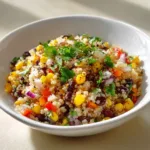 Close-up handheld photo of Sweet Corn and Black Bean Quinoa Salad with a glistening lime vinaigrette and cracked black pepper.