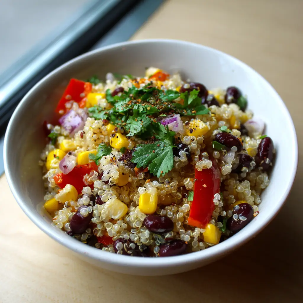 A shallow white ceramic bowl filled with Sweet Corn and Black Bean Quinoa Salad on a neutral wooden table in natural light.