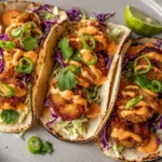 A close-up smartphone photo of three Bang Bang Shrimp Tacos held over a neutral surface, showcasing the creamy sauce and char marks. (Bang Bang Shrimp Tacos)