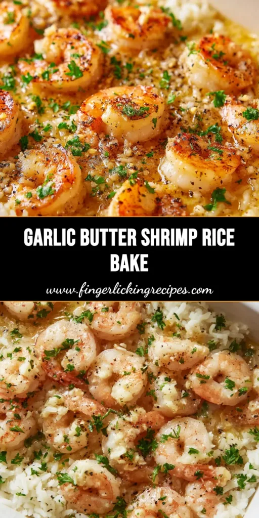 A close-up view of a savory Garlic Butter Shrimp Rice Bake in a rectangular white ceramic dish, featuring fluffy rice, plump seared shrimp, and a glossy garlic butter glaze with fresh parsley.