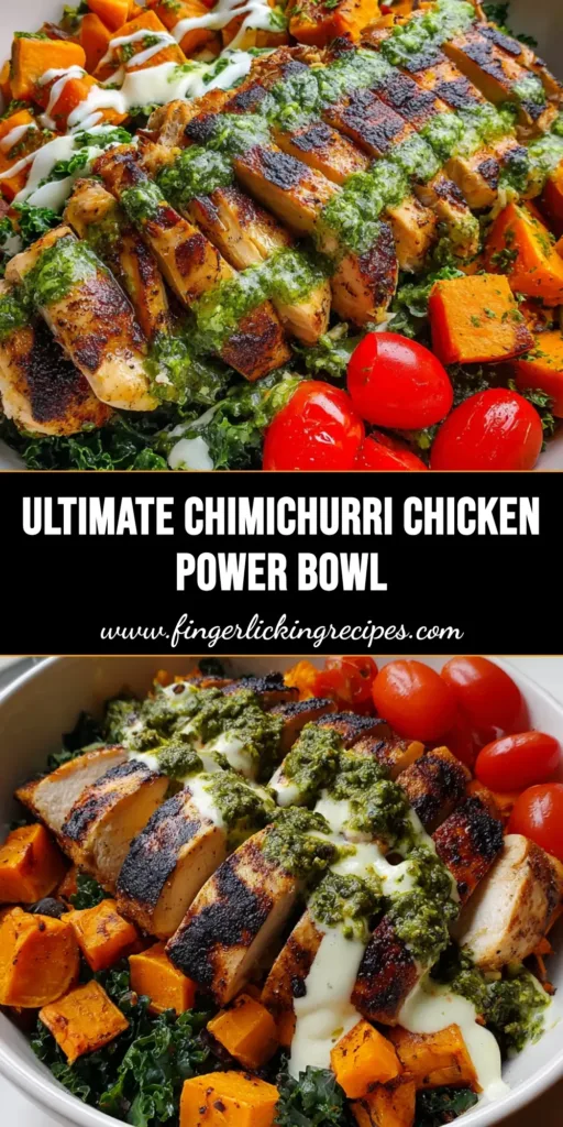 Chimichurri Grilled Chicken Bowl with Roasted Sweet Potatoes and Kale 5 A top-down view of a Chimichurri Grilled Chicken Bowl with charred chicken, green sauce, and sweet potatoes.
