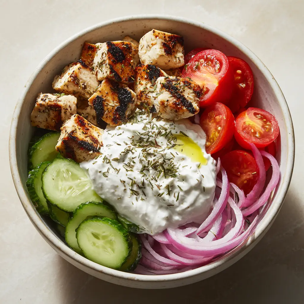 Close-up of grilled chicken cubes with dark char marks next to a thick dollop of white yogurt sauce and oregano. (Greek Chicken Marinade)