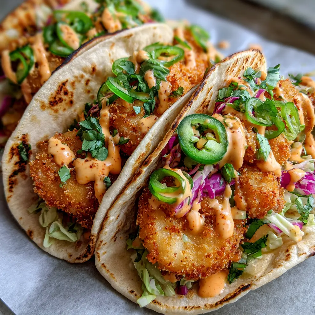 Close-up of crispy breaded shrimp inside charred tortillas with green onions and purple cabbage. (Bang Bang Shrimp Tacos)