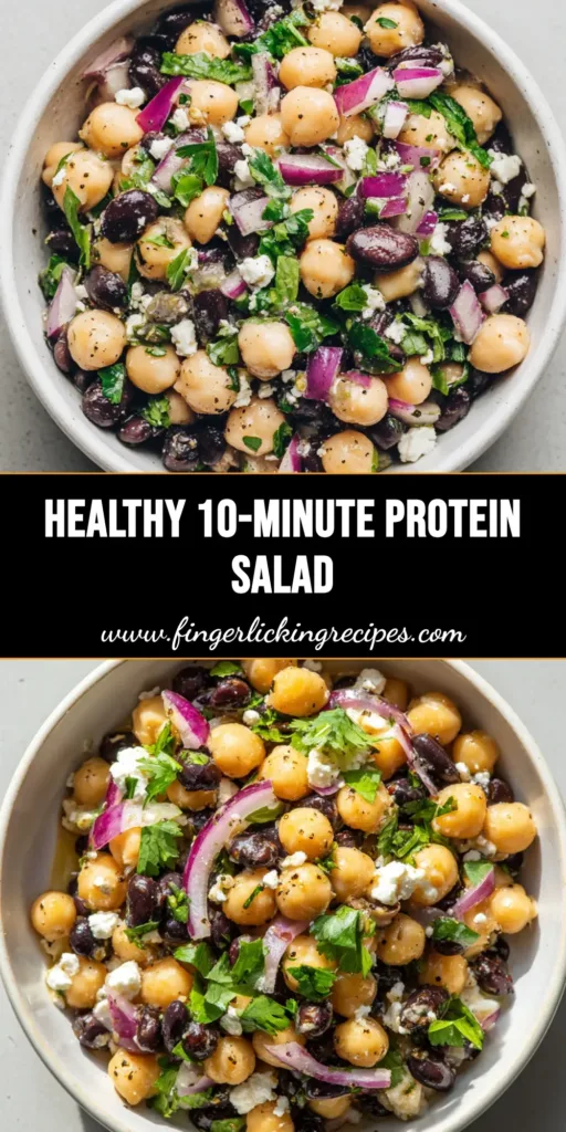 A close-up of a Chickpea and Black Bean Salad in a white bowl with cilantro and feta.