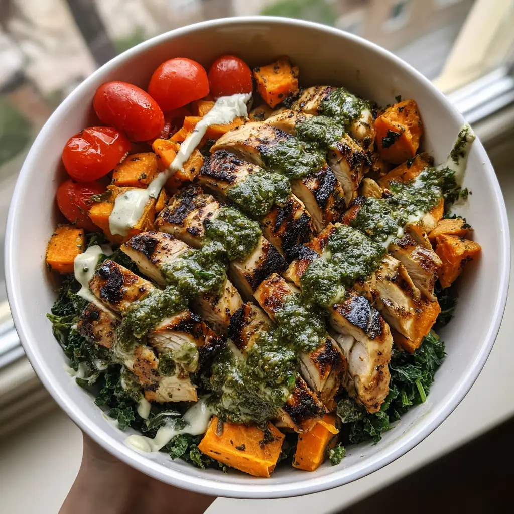 Chimichurri Grilled Chicken Bowl with Roasted Sweet Potatoes and Kale 3 Slices of charred chicken breast drizzled with bright green chimichurri in a white bowl. (Chimichurri Grilled Chicken Bowl)