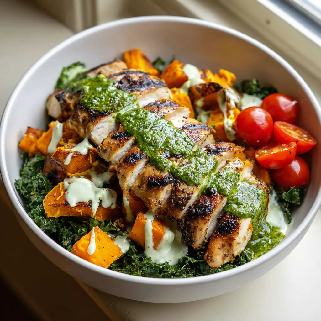 Chimichurri Grilled Chicken Bowl with Roasted Sweet Potatoes and Kale 2 Healthy meal bowl with kale, roasted orange sweet potatoes, and sliced grilled chicken with two sauces.