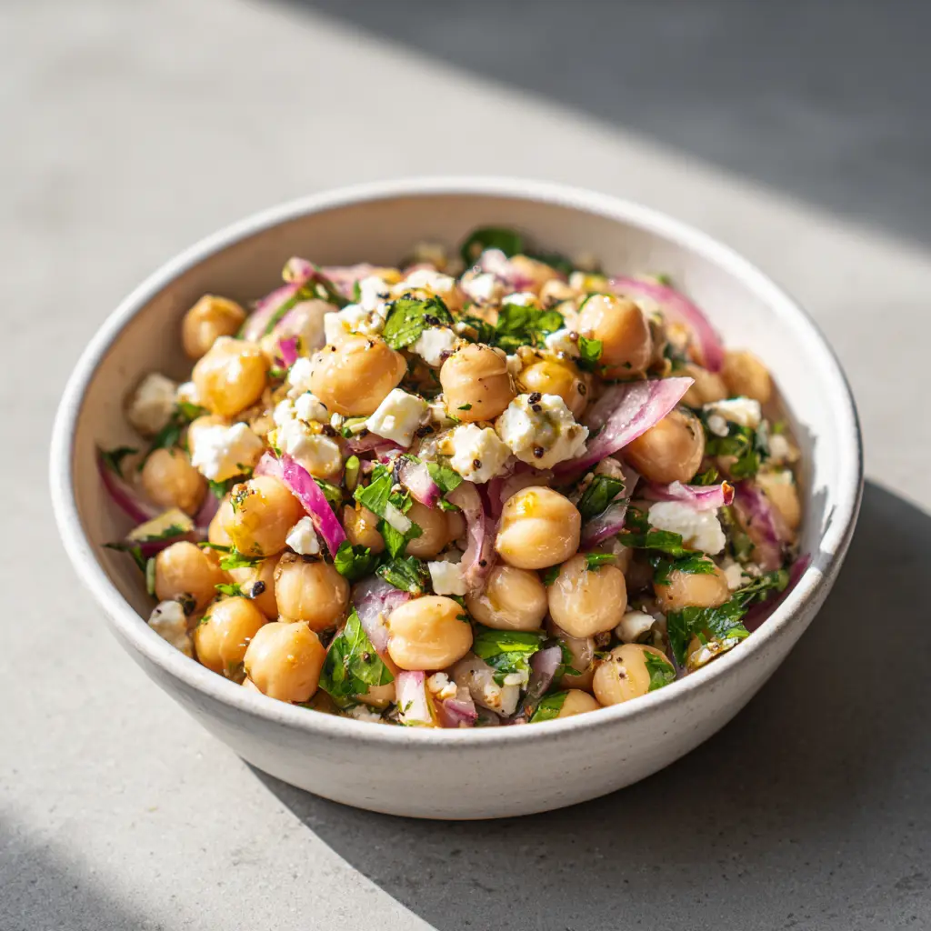 Natural lighting hitting a glossy Chickpea and Black Bean Salad in a white bowl.