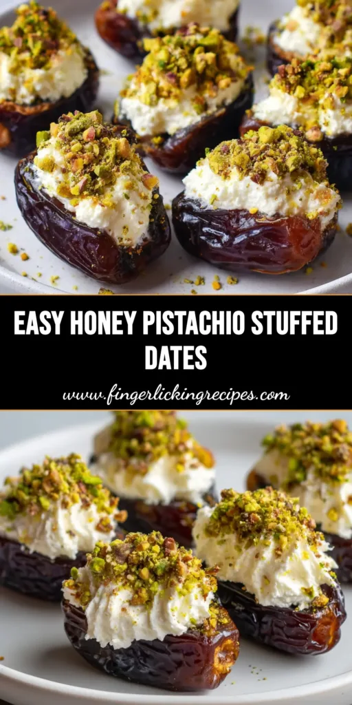 A vertical shot of Ricotta Stuffed Dates on a white plate, drizzled with honey and topped with crushed pistachios, ready for Pinterest sharing.