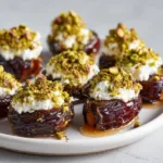 Handheld smartphone photo of halved Medjool dates stuffed with white whipped ricotta and bright green pistachios. (Ricotta Stuffed Dates)