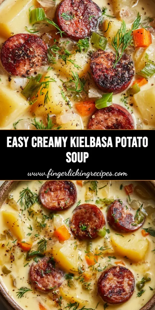 A rustic ceramic bowl filled with thick, creamy Kielbasa Potato Soup, topped with charred sausage slices and fresh dill.