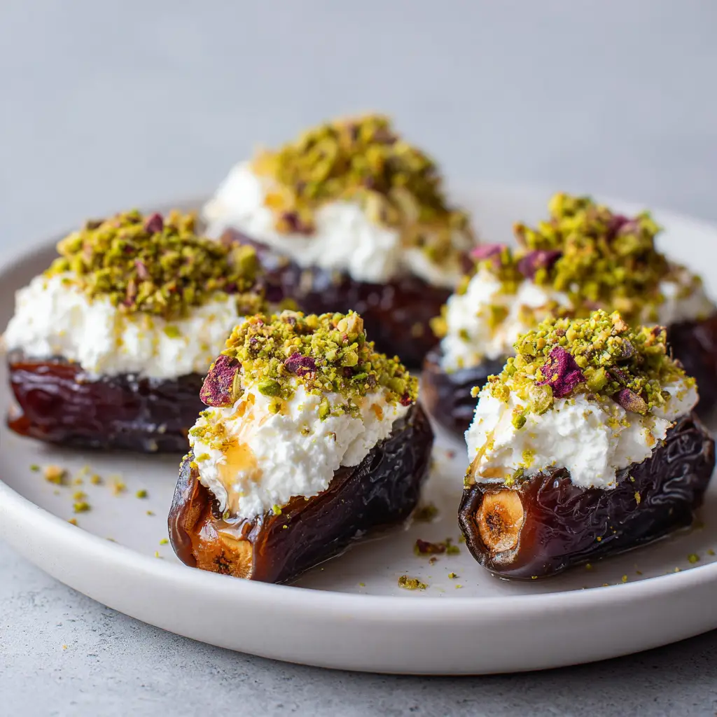 Close-up of golden honey drizzling over whipped ricotta stuffed into a dark Medjool date. (Ricotta Stuffed Dates)