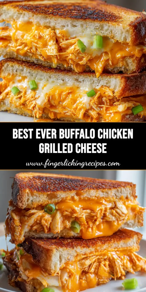 Buffalo Chicken Grilled Cheese: The Ultimate Crispy, Spicy Melt 5 A stacked Buffalo Chicken Grilled Cheese on a white plate showing melted cheddar, mozzarella, and spicy orange chicken on toasted sourdough.