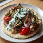 Close up photo of Greek Chicken Gyros showing charred oregano-seasoned chicken and fresh parsley. (Greek Chicken Gyros)