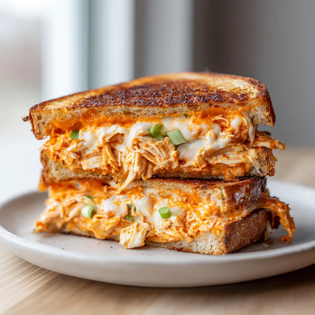 Buffalo Chicken Grilled Cheese: The Ultimate Crispy, Spicy Melt 3 Close-up of Buffalo Chicken Grilled Cheese sliced in half, showing thick shredded chicken in orange sauce and melting white mozzarella.