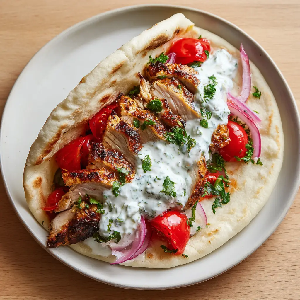 Greek Chicken Gyros served on a white plate with halved cherry tomatoes and thin red onion rings.
