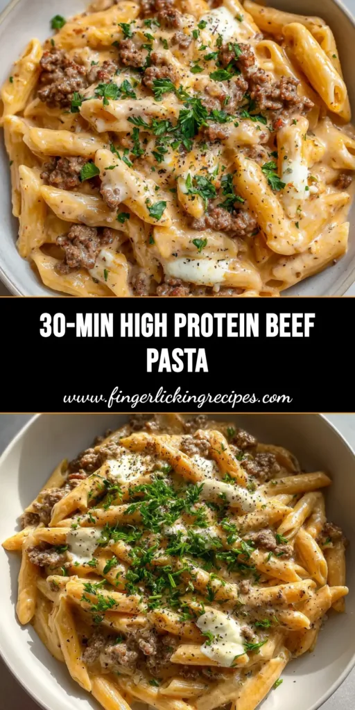 A handheld smartphone photo showing a bowl of High Protein Beef Pasta with thick orange sauce, seared beef, and melted mozzarella patches.