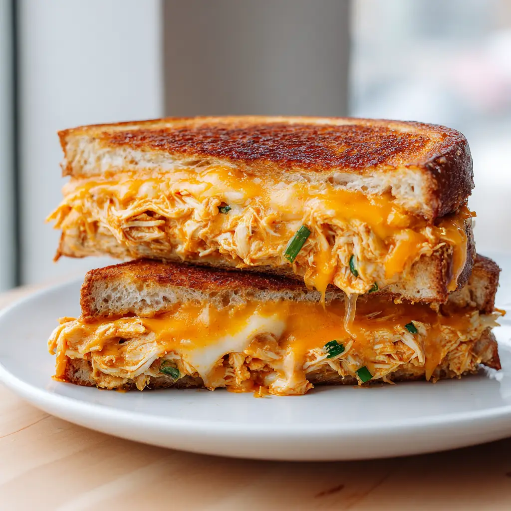 Buffalo Chicken Grilled Cheese: The Ultimate Crispy, Spicy Melt 2 A handheld view of the Buffalo Chicken Grilled Cheese sandwich highlighting the crispy golden-brown sourdough crust.