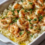 Thick layer of soft, fluffy cooked white long-grain rice glistening with a glossy golden-yellow butter sauce in a ceramic baking dish.