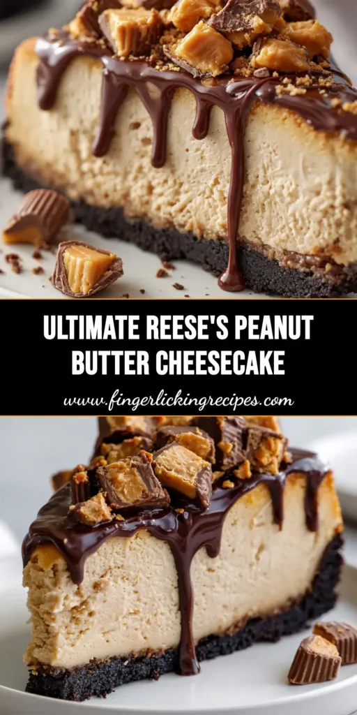 A close-up vertical shot of a Peanut Butter Cheesecake slice with a dark chocolate crust, glossy ganache, and chopped Reese's cups.