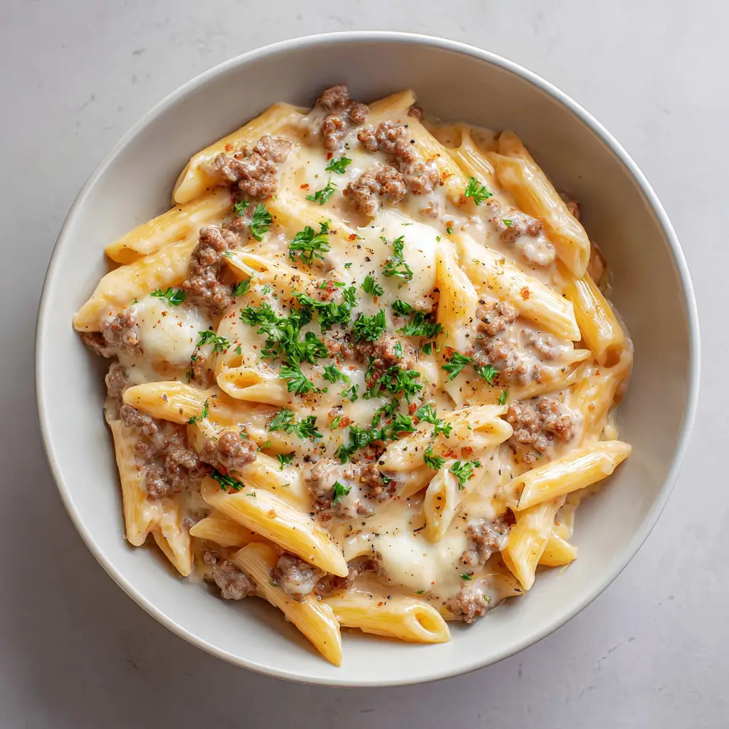 Overhead view of High Protein Beef Pasta garnished with parsley and cracked black pepper on a grey stone surface.