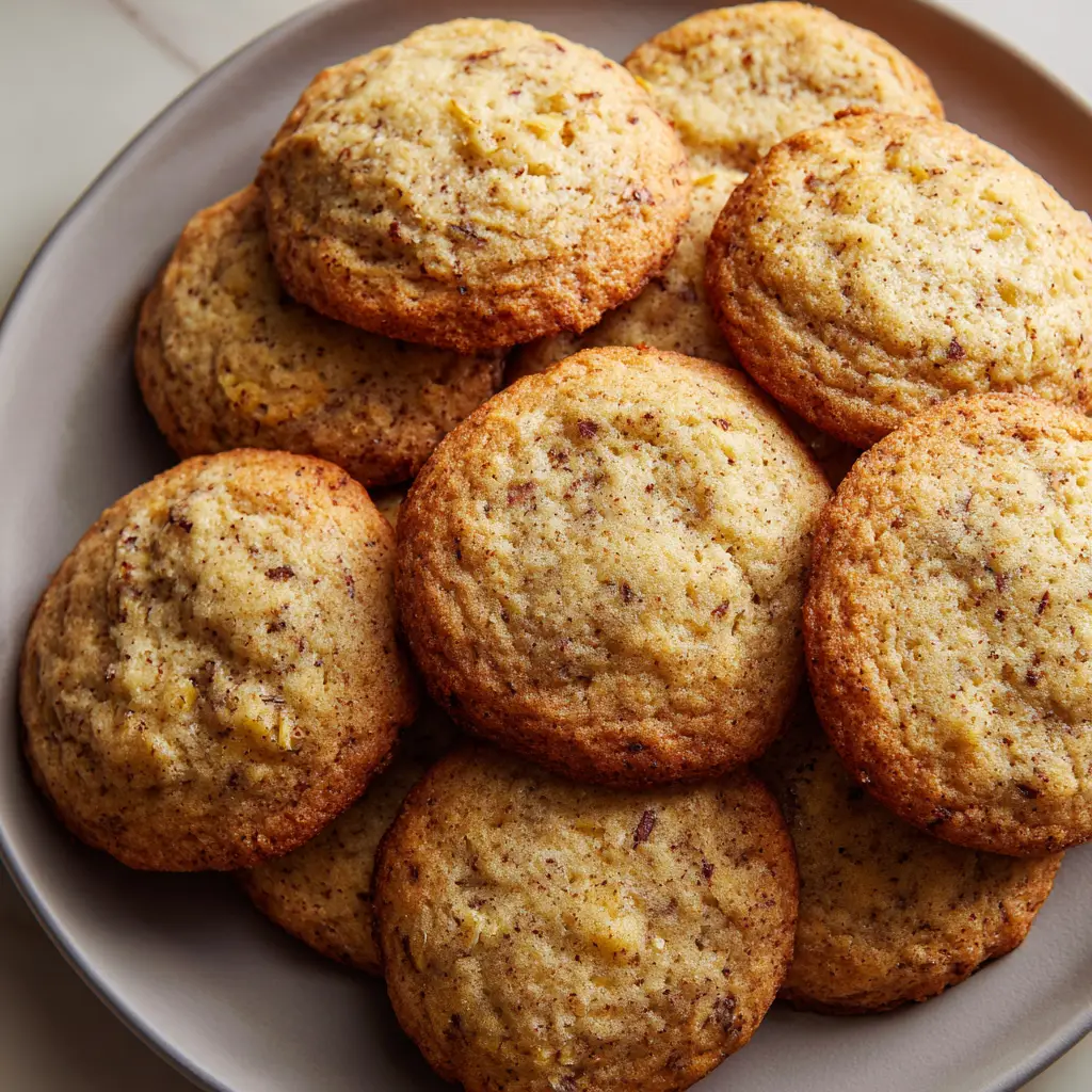 Close-up of freshly baked banana cookies showing the golden-brown crust and integrated banana fibers in the soft dough.