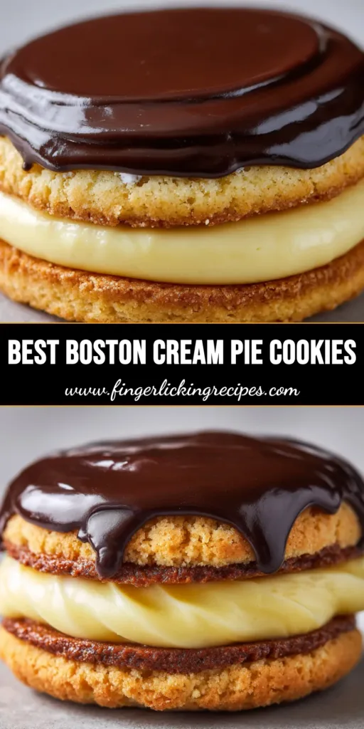 A close-up vertical stack of Boston Cream Pie Cookies with thick vanilla cream and glossy chocolate glaze on a grey background.