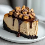 High-angle shot of Peanut Butter Cheesecake on a minimalist plate over a marble countertop.