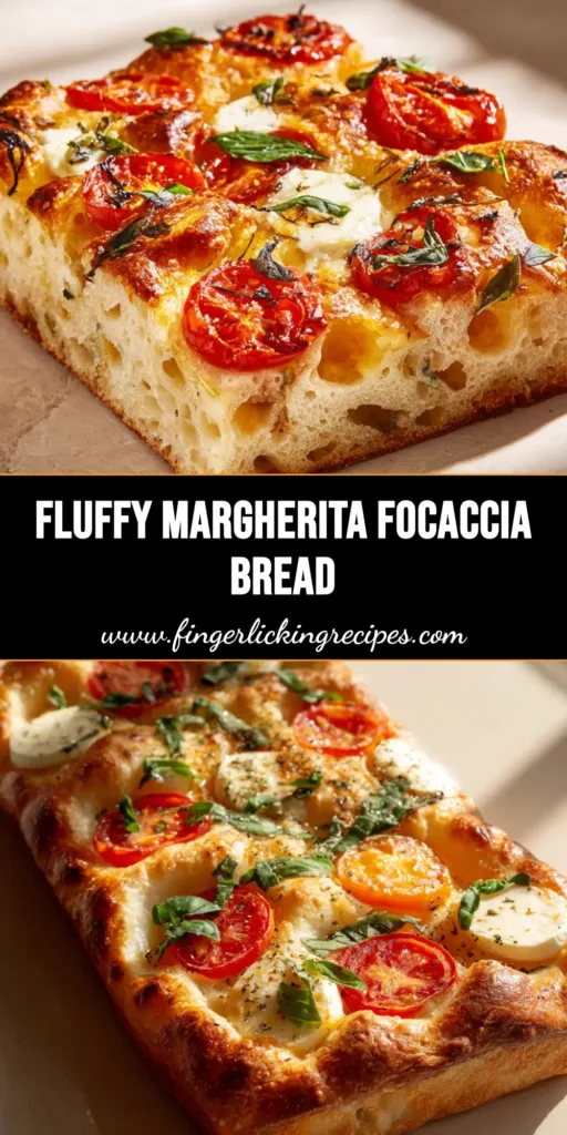 A handheld smartphone photo of a thick rectangular Margherita Focaccia Bread with vibrant red tomatoes and melted mozzarella pearls.