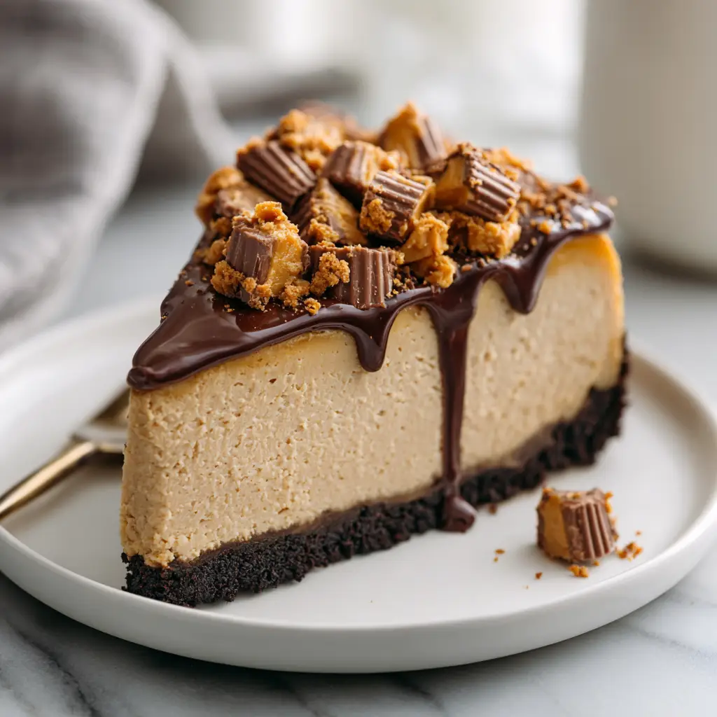 Close-up of a Peanut Butter Cheesecake showing the velvety matte texture of the pale tan filling and the glossy chocolate ganache.