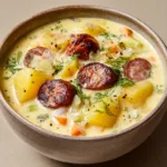 Close-up of soft-boiled diced yellow potatoes and seared diagonal-sliced kielbasa in a pale yellow cream broth.