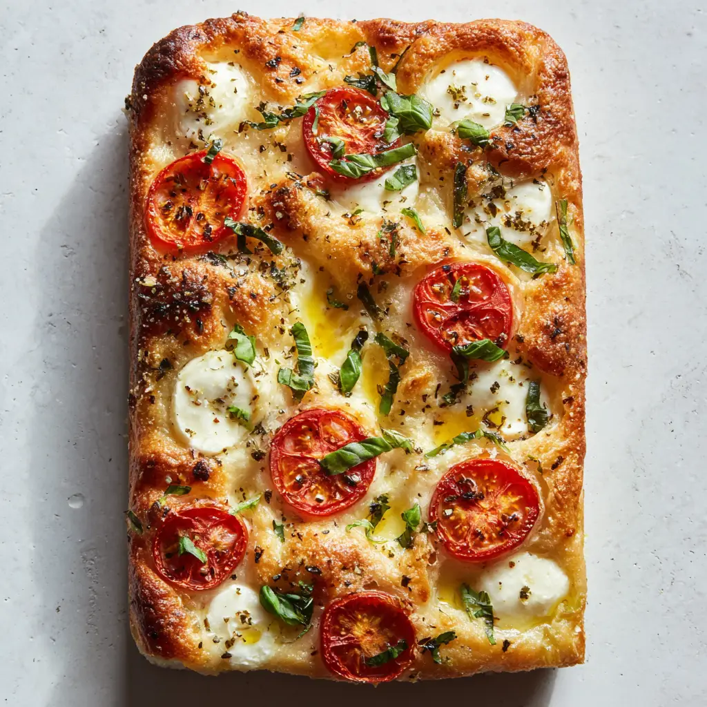 Overhead view of Margherita Focaccia Bread topped with melted mozzarella circles, tomato slices, and fresh green basil leaves.