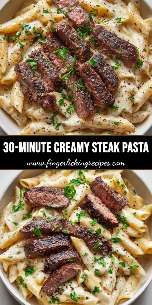 A top-down view of Creamy Steak Pasta with sliced medium-rare ribeye, glossy garlic sauce, and fresh parsley in a white bowl.