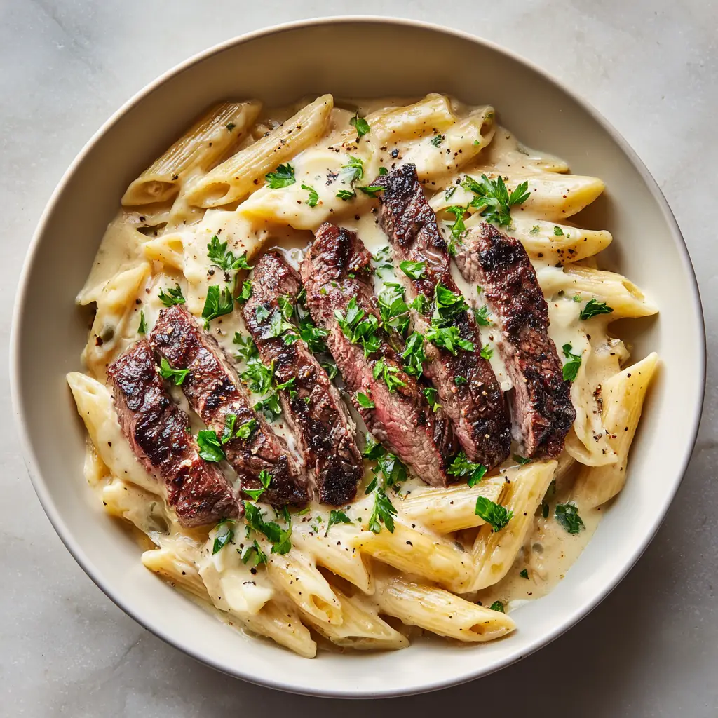 A shallow white bowl filled with Creamy Steak Pasta, garnished with coarse black pepper and fresh flat-leaf parsley.
