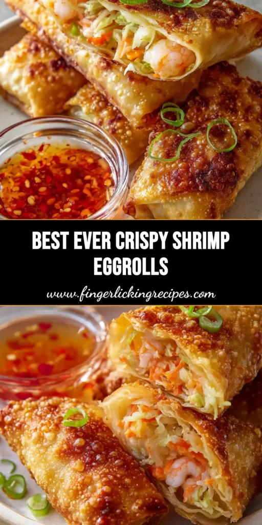 A stack of three golden-brown crispy shrimp egg rolls on a white plate with sweet chili sauce and green scallions. (Shrimp Egg Rolls Recipe)