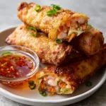 Close-up of a Shrimp Egg Roll sliced diagonally to reveal pink shrimp, green cabbage, and orange carrots. (Shrimp Egg Rolls Recipe)