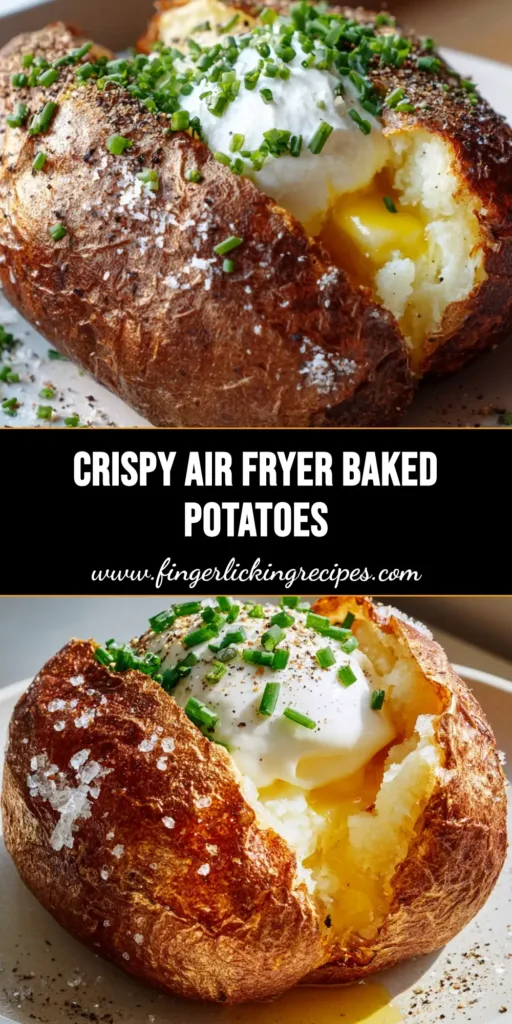 A close-up of an Air Fryer Baked Potato split open on a white plate with melting butter, sour cream, and chives.
