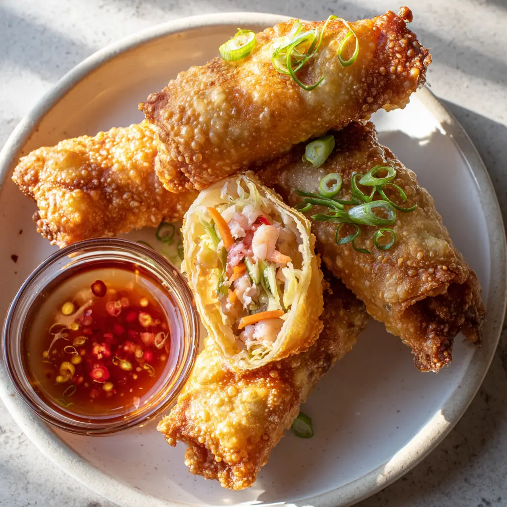 A stack of bubbly, blistered shrimp egg rolls on a light gray stone countertop in natural daylight. (Shrimp Egg Rolls Recipe)