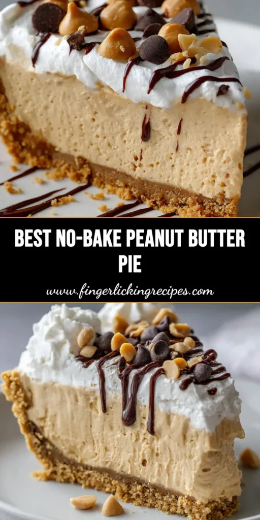 A thick slice of Amish Peanut Butter Pie featuring a golden graham cracker crust, tan mousse filling, and a high whipped cream topping garnished with chocolate and peanut butter chips.