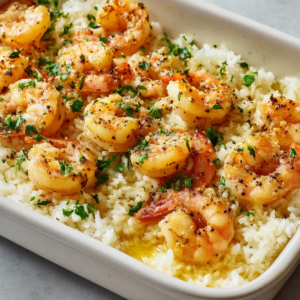 Plump cooked medium shrimp curled into tight C-shapes with slight golden searing on top of a bed of heavily glazed rice.