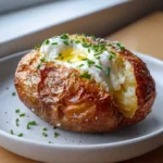 Overhead view of a single Air Fryer Baked Potato showing the deep golden-brown skin and steaming white interior.