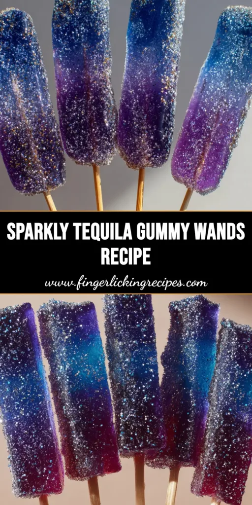 Tequila Gummy Wands: The Ultimate Cosmic Boozy Party Treat 5 A handheld smartphone photo of several long, vertical Tequila Gummy Wands with a purple and blue gradient and silver glitter.
